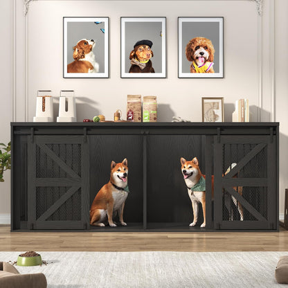 87In Farmhouse Dog Crate TV Stand, Wooden Dog Kennel Furniture with Sliding Metal Mesh Barn Door, Large Dog Crate Furniture for 2 Dogs, Solid Metal Tube & 2 Lockable Doors, Black