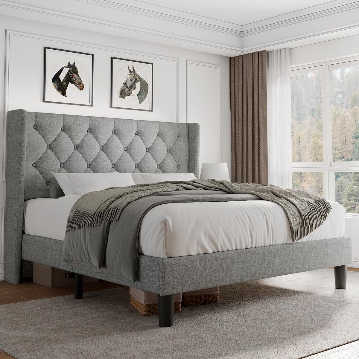 Queen Size Platform Bed Frame with Button Tufted Headboard