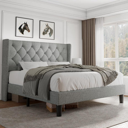 Queen Size Platform Bed Frame with Button Tufted Headboard
