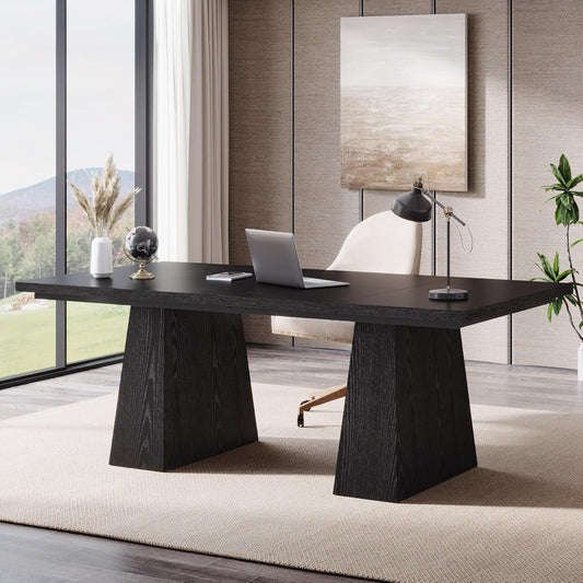63-Inch Executive Desk, Large Office Computer Desk with Double Pedestal, Modern Simple Workstations Writing Table Conference Table Business Furniture for Home Office, Black