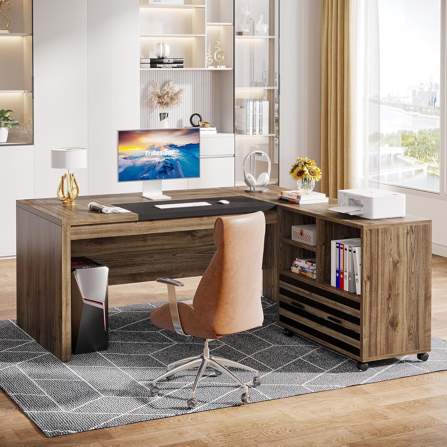 62.2" Executive Desk with Mobile File Cabinet, L-Shaped Office Desk with Storage Shelves, Large Computer Desk Business Workstation Set for Home Office, Light Brown