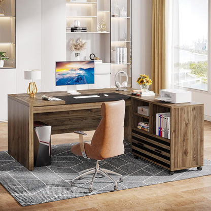62.2" Executive Desk with Mobile File Cabinet, L-Shaped Office Desk with Storage Shelves, Large Computer Desk Business Workstation Set for Home Office, Light Brown