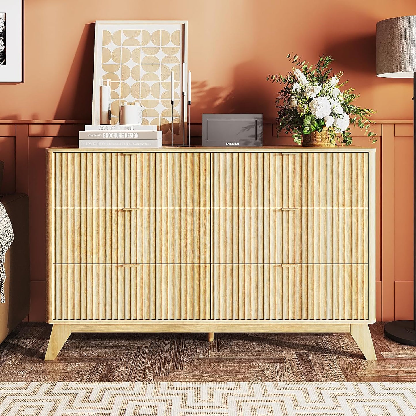 Fluted Dresser for Bedroom, 6 Drawer Dresser with Rounded Edges, Mid Century Modern Dressers Natural Wood Color, 46.8" W*15.6" D*31" H
