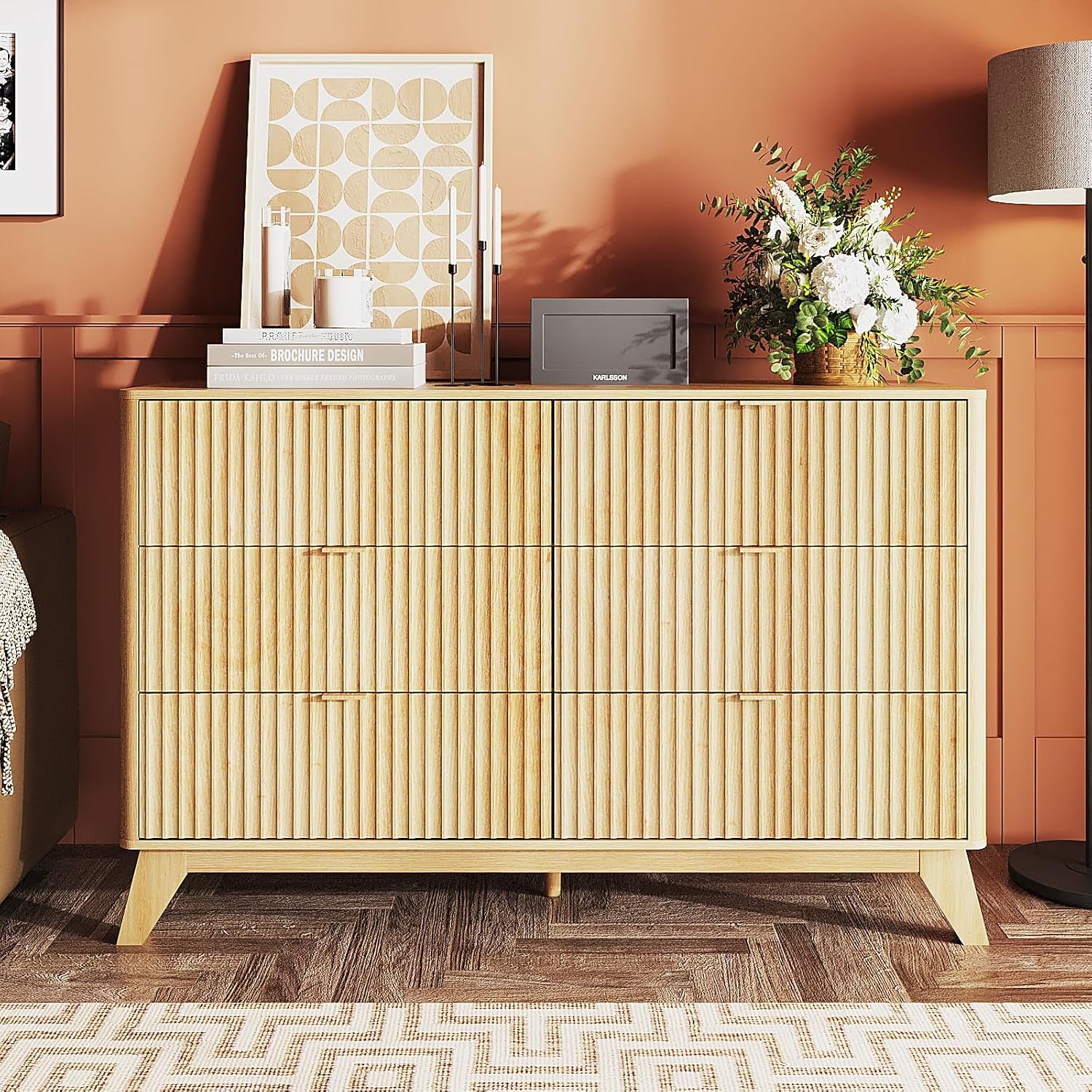 Fluted Dresser for Bedroom, 6 Drawer Dresser with Rounded Edges, Mid Century Modern Dressers Natural Wood Color, 46.8" W*15.6" D*31" H
