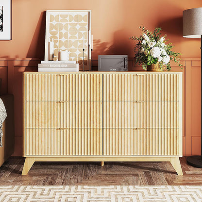 Fluted Dresser for Bedroom, 6 Drawer Dresser with Rounded Edges, Mid Century Modern Dressers Natural Wood Color, 46.8" W*15.6" D*31" H
