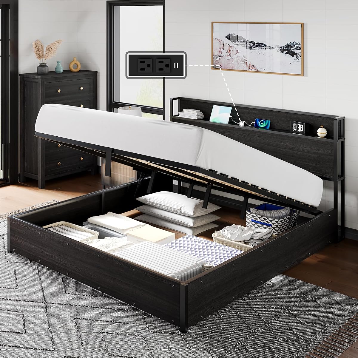 King Size Lift Up Storage Bed Frame with Charging Station