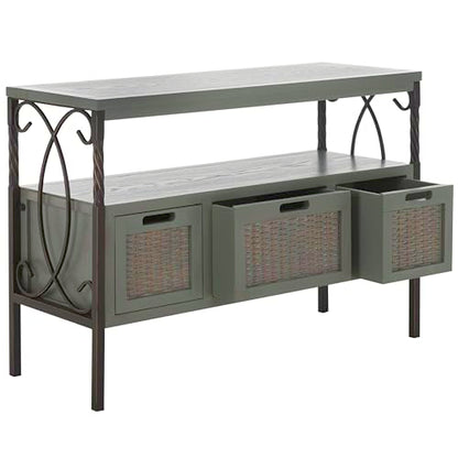 SAFAVIEH Home Collection – Joshua Ash Grey 3-Drawer Console Table with Shelf, Wicker Front Storage Drawers, Farmhouse-Inspired Accent Console for Entryway or Living Room (AMH6532B)