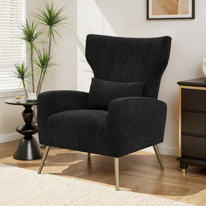 Velvet Accent Chair Wingback for Living Room, High Back Arm Chair with Golden Legs Lumbar Pillow, Upholstered Single Sofa Bedroom Black