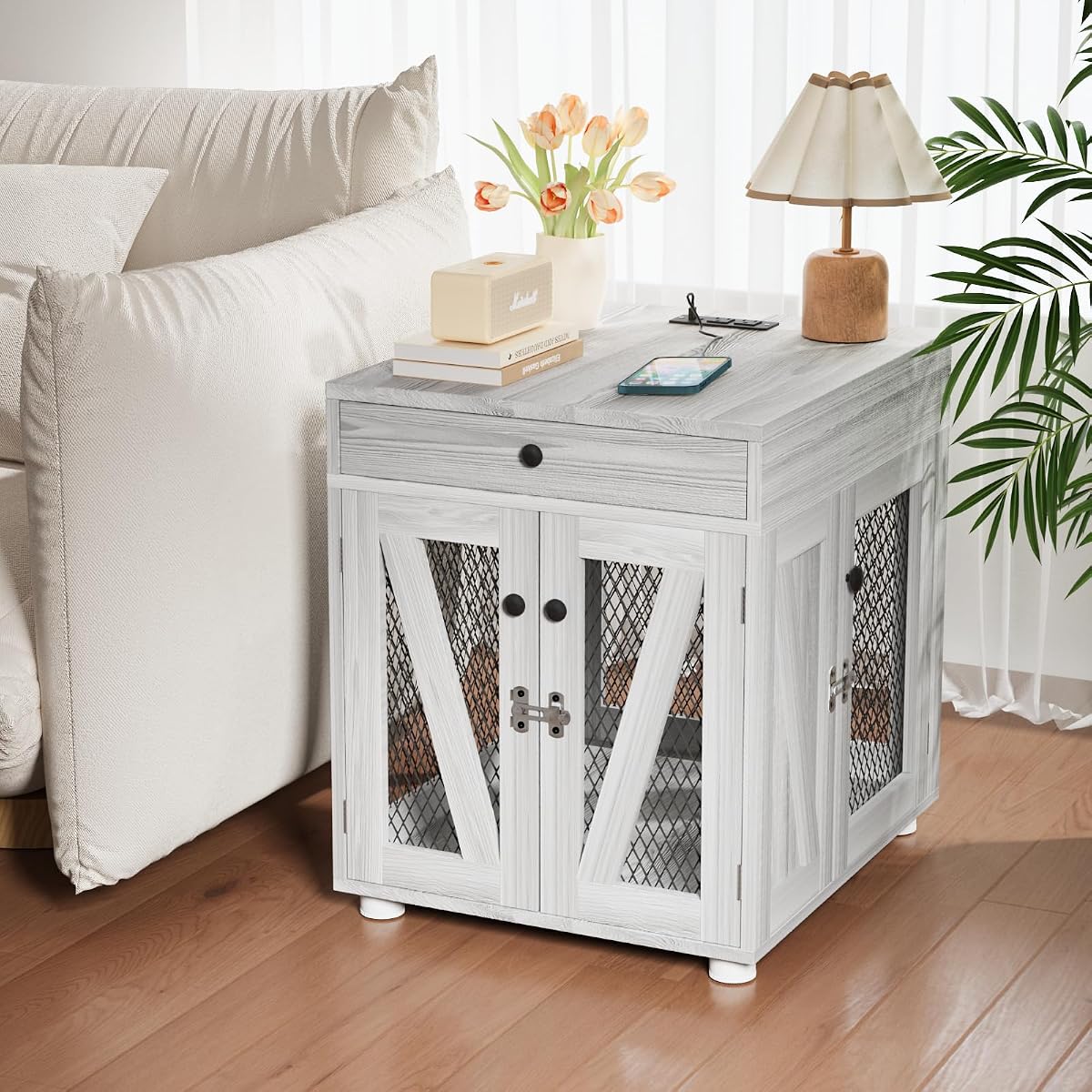 Wooden Dog Crate End Table with USB Charging Station, Gray