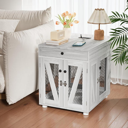 Wooden Dog Crate End Table with USB Charging Station, Gray