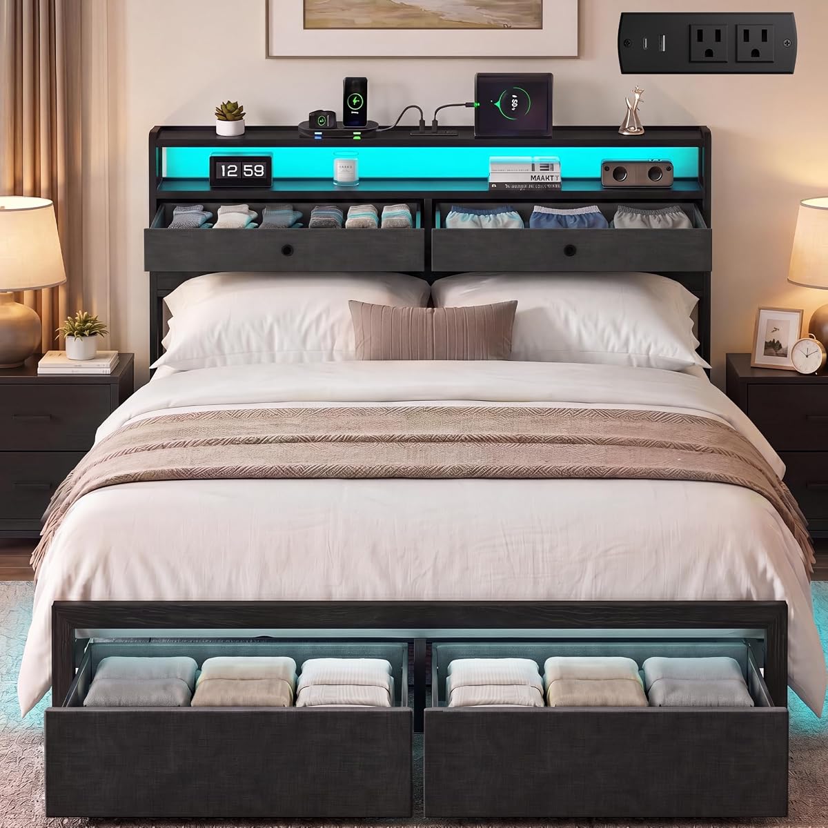 Full Bed Frames with LED Lights and Charging Station