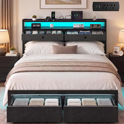 Full Bed Frames with LED Lights and Charging Station