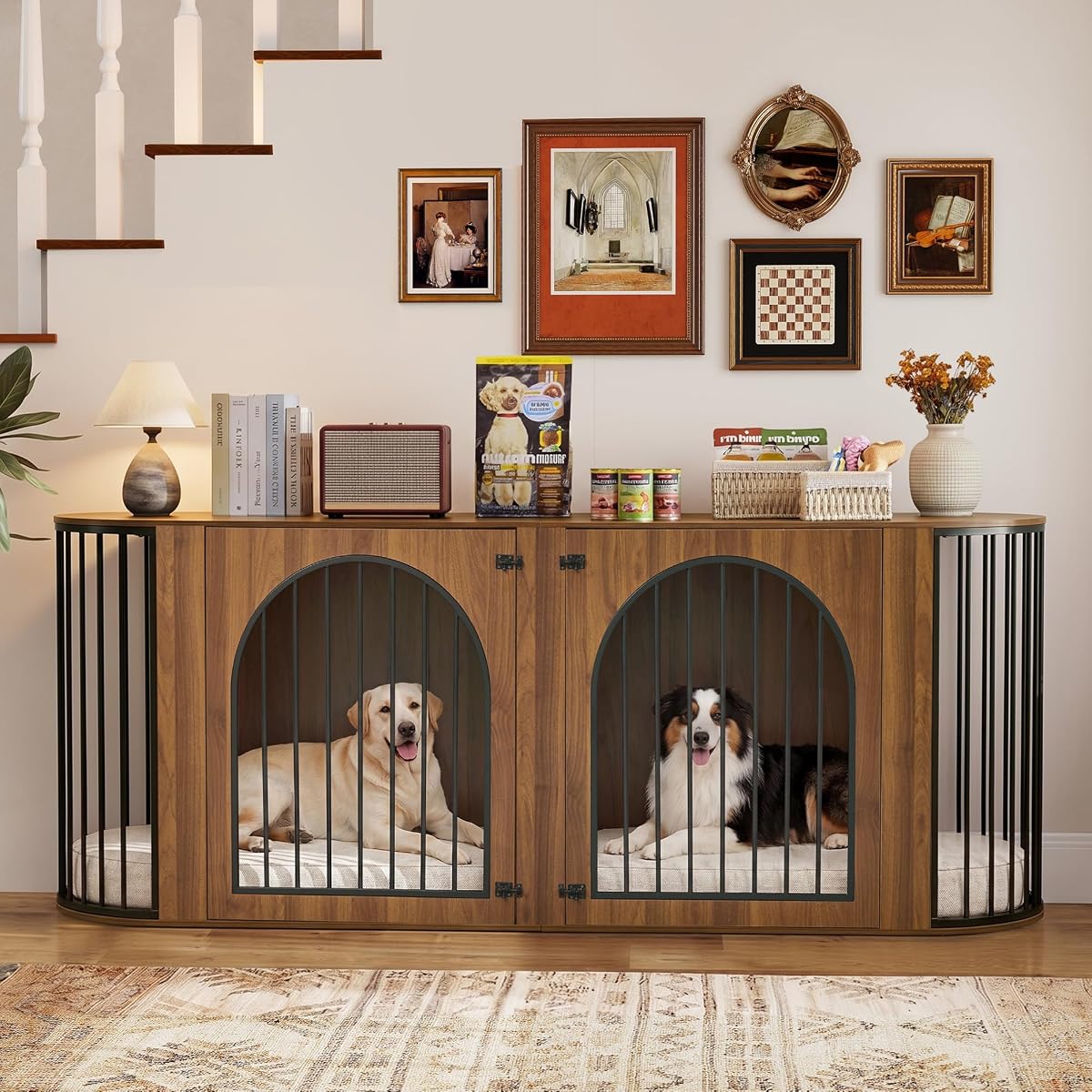 86.6'' Double Dog Crate Furniture, Oval Dog Kennel Furniture with Divider