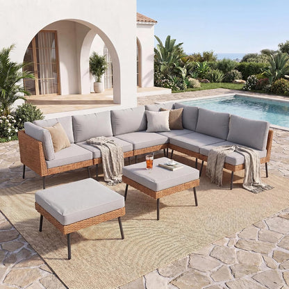 8 Piece Patio Furniture Set, 8 Seats Outdoor Sectional Sofas with Thick Cushion, Wicker Outdoor Patio Furniture Set with Ottomans for Party, Garden, Backyard, Grey