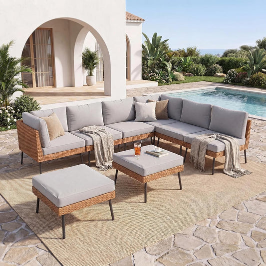 8 Piece Patio Furniture Set, 8 Seats Outdoor Sectional Sofas with Thick Cushion, Wicker Outdoor Patio Furniture Set with Ottomans for Party, Garden, Backyard, Grey