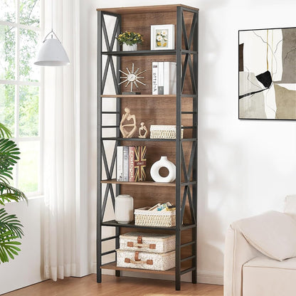 Tall Bookshelf, 7-Tier Book Shelf, Rustic Wood Metal Bookshelves and Bookcases, Freestanding and Industrial Open Bookcase for Home Office, Living Room and Bedroom, Vintage Brown