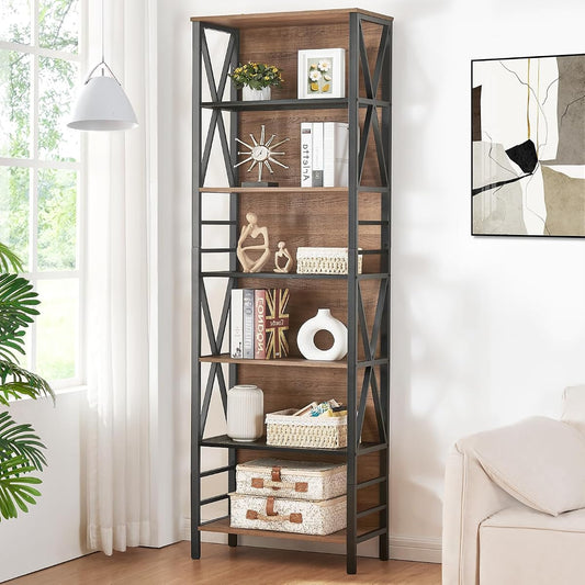 Tall Bookshelf, 7-Tier Book Shelf, Rustic Wood Metal Bookshelves and Bookcases, Freestanding and Industrial Open Bookcase for Home Office, Living Room and Bedroom, Vintage Brown