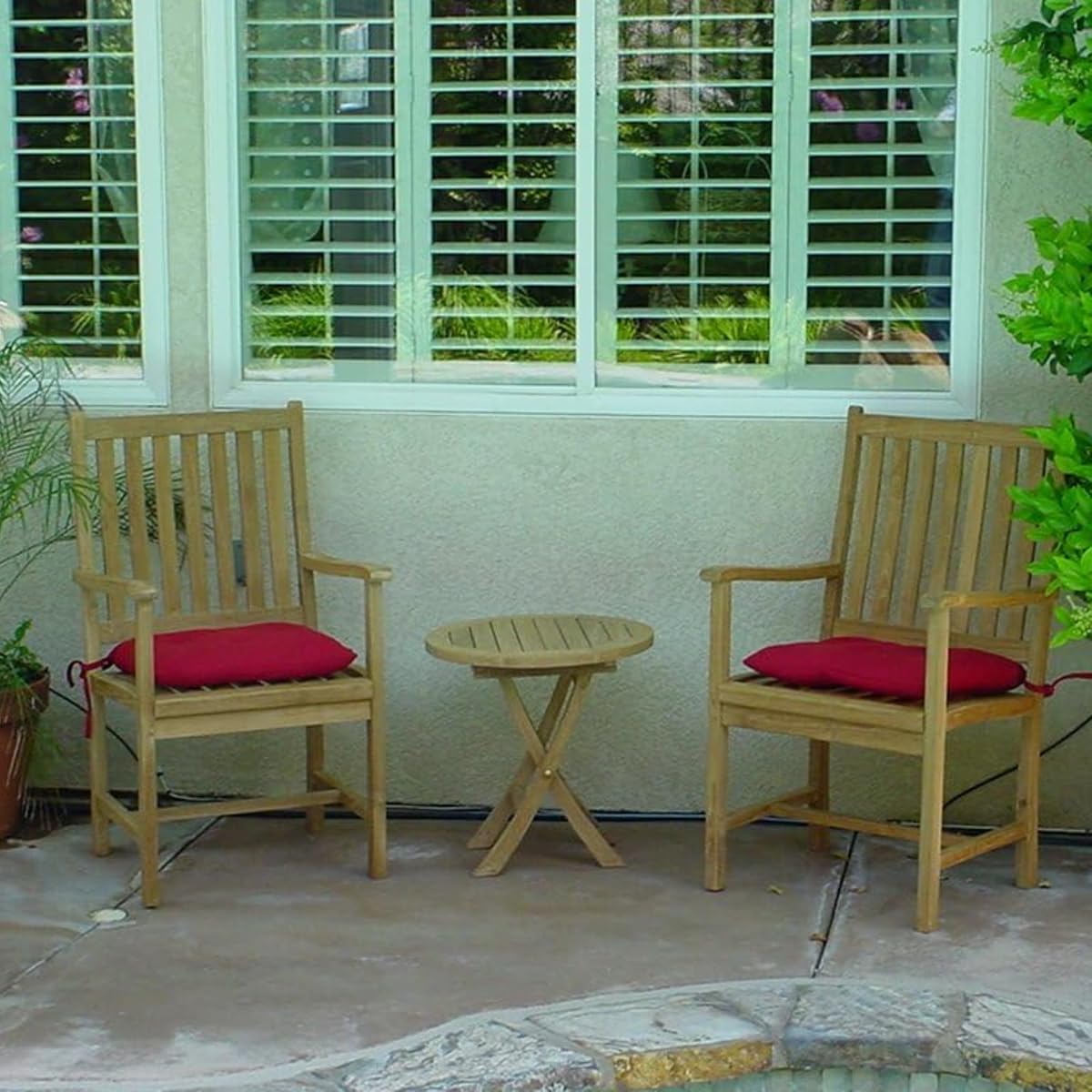 Bahama Wilshire 3-Piece Outdoor Teak Bistro Set Premium Patio Garden Balcony Dining Table with Two Armchairs Weather Resistant Furniture for Elegant Alfresco Living and Relaxation