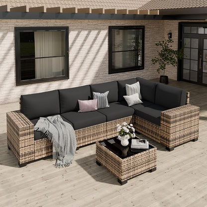 Patio Furniture Set, Wide Armrest Outdoor Furniture Set with Thick Cushions, 6 Piece Wicker Rattan Patio Sectional Sofa for Backyard, Poolside, Garden