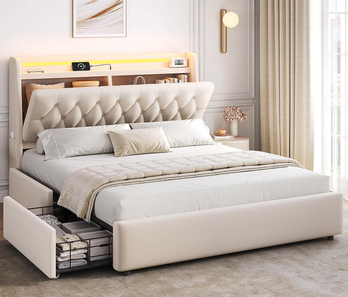 Full LED Velvet Bed Frame with 2 Storage Drawers&Hidden Headboard