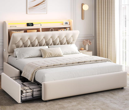Full LED Velvet Bed Frame with 2 Storage Drawers&Hidden Headboard