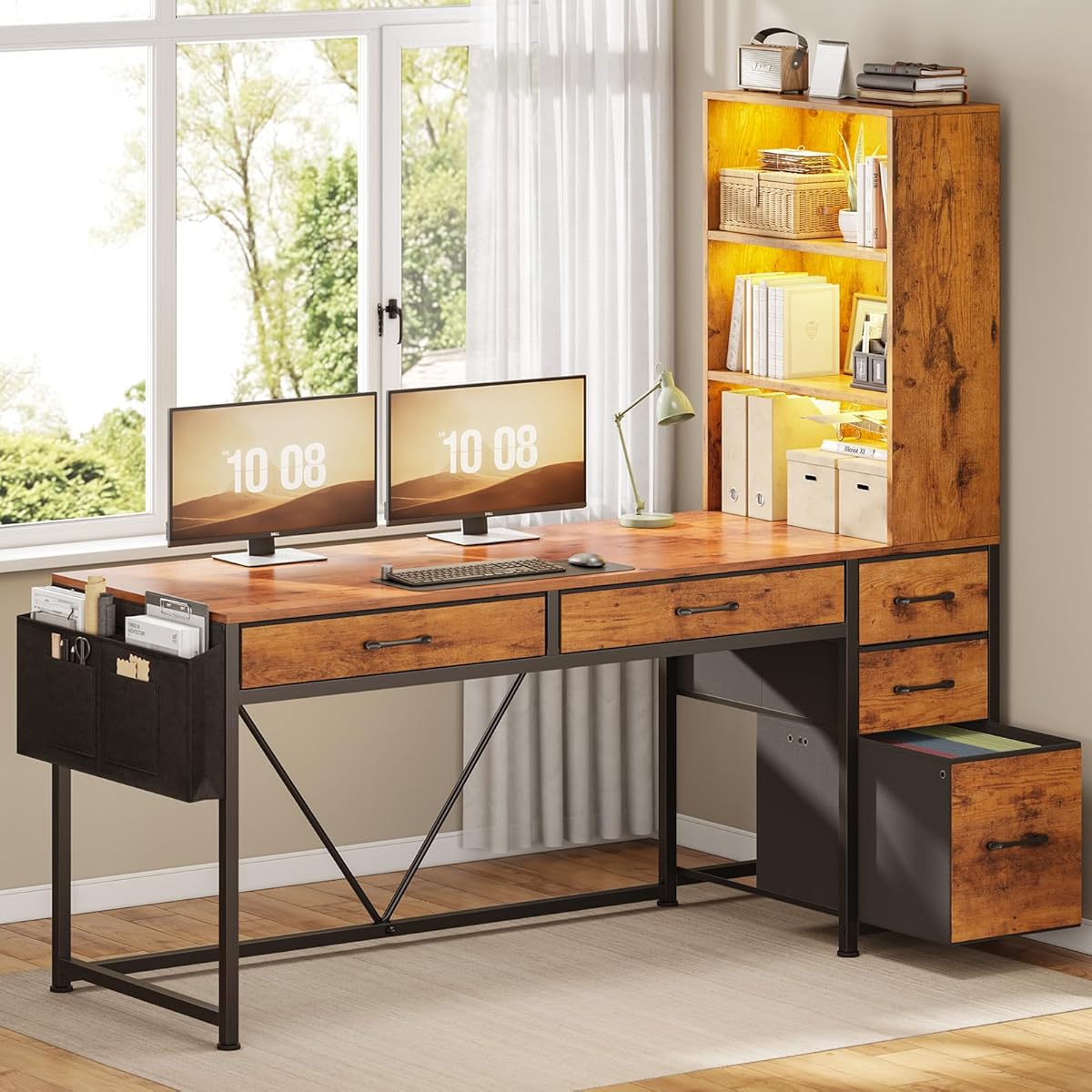 Computer Desk with 5 Drawers and Bookshelf, Reversible Home Office Desk with Storage Shelves and File Drawer, Gaming Corner Desk with LED Lights for Small Spaces, Rustic Brown