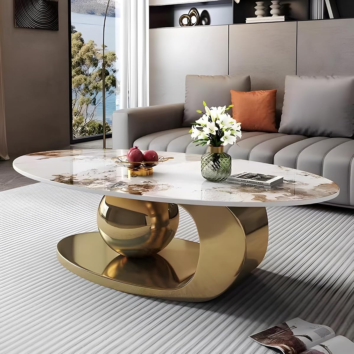 51.2'' Modern Coffee Tables for Living Room,Marble Oval Center Table with Luxury Metal Gold Base,Heat & Scratch Resistant,Easy Installation,Accent Furniture for Any Home Decor