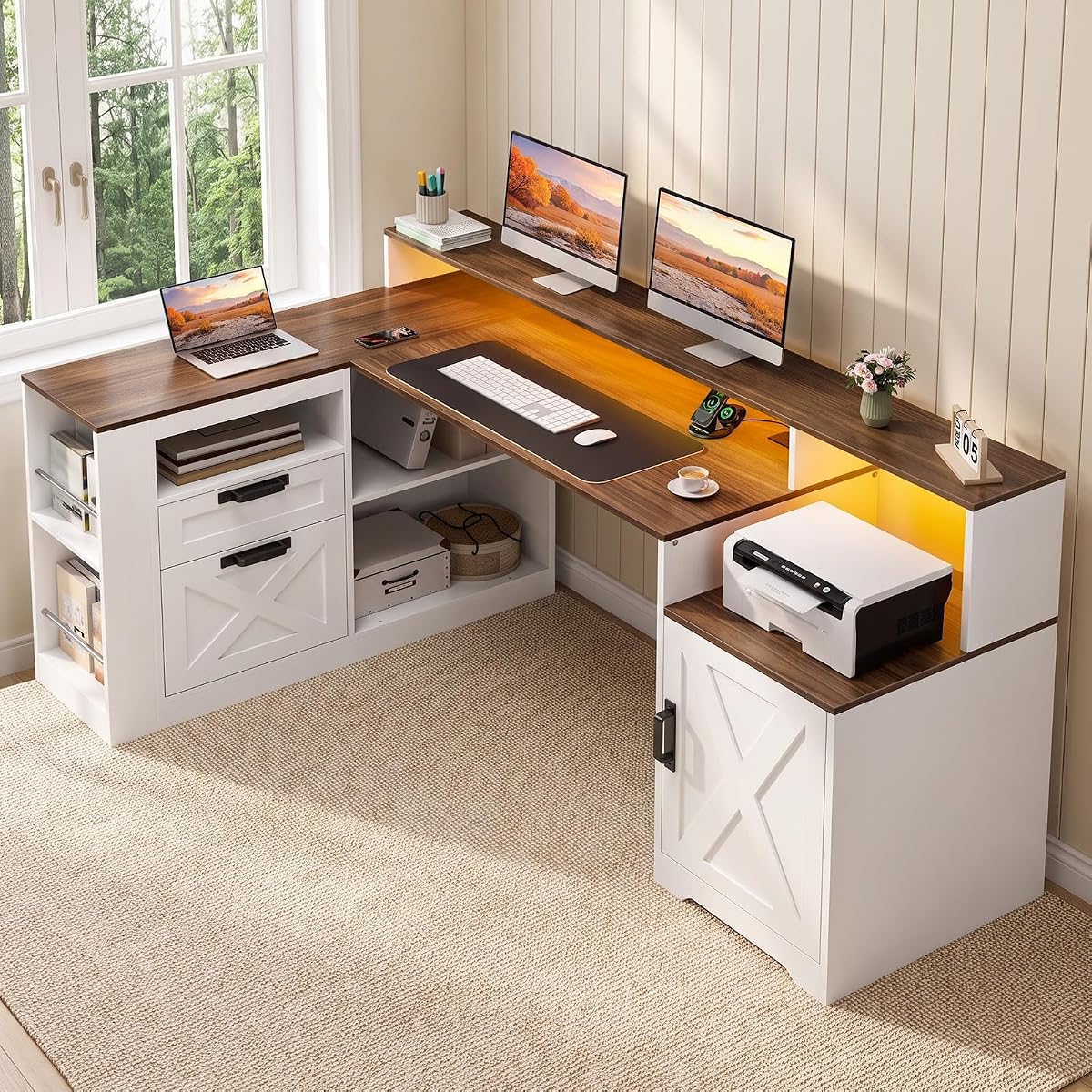 L Shaped Executive Desk with Drawers & Outlets, LED Lights