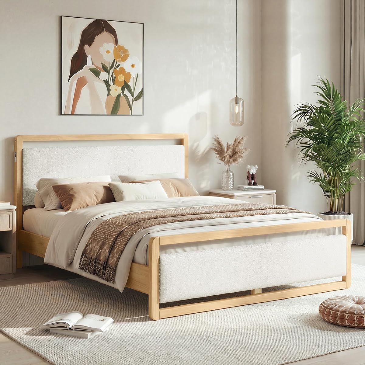 Queen Wood Platform Bed Frame with Boucle Upholstered Headboard