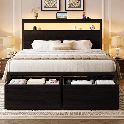 Queen LED Bed Frame, 2 Storage Drawers, Charging Station, Black