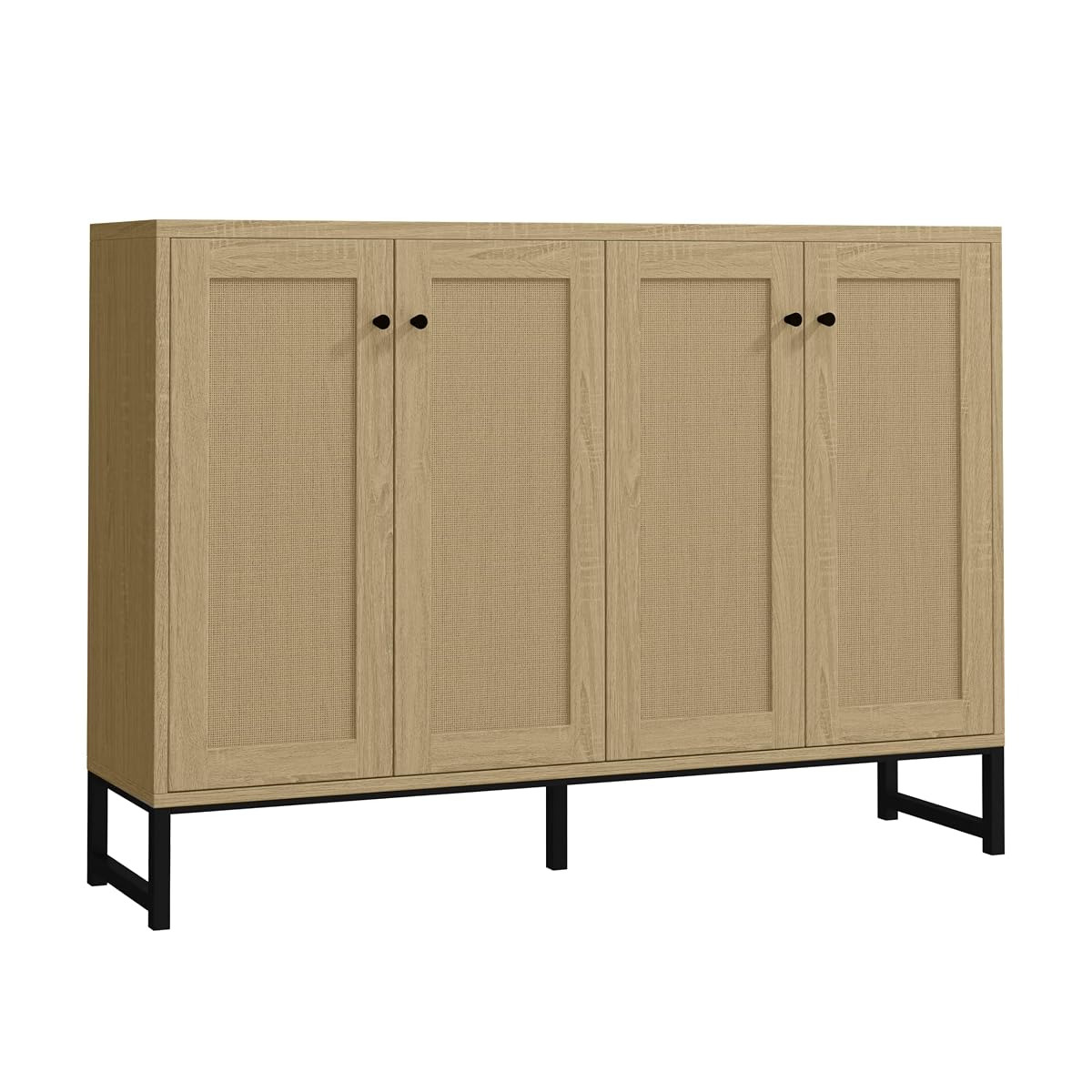 Sideboard Accent Storage Cabinet with Rattan Decorated 4 Doors Dining Room Freestanding Kitchen Buffet Table Cupboard (Natural)