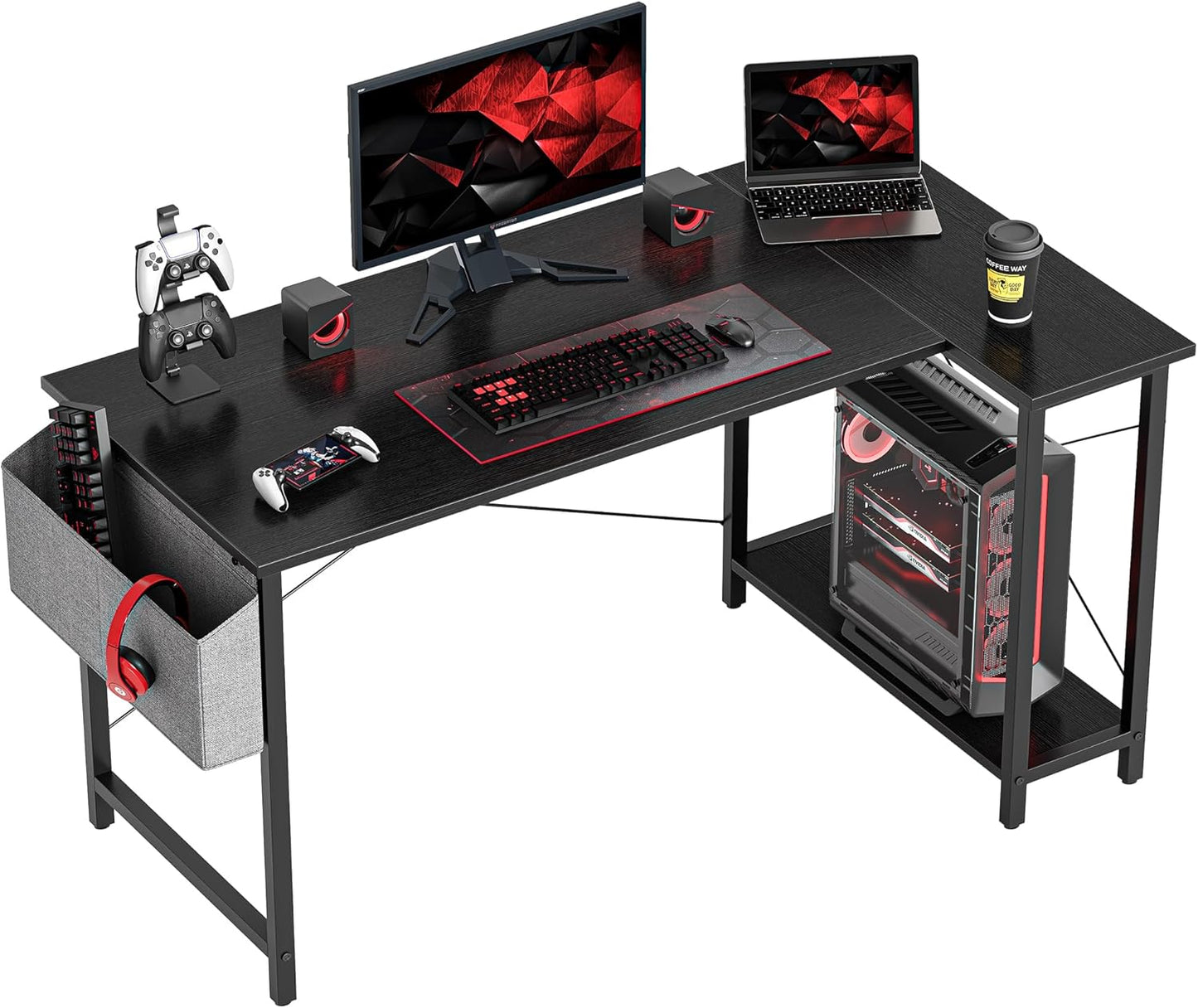 Small Computer Desk with Power Outlets, 40 Inch L Shaped Desk with CPU Stand & Reversible Shelves, Gaming Corner Desk Study Writing Table for Home Office Bedroom, White