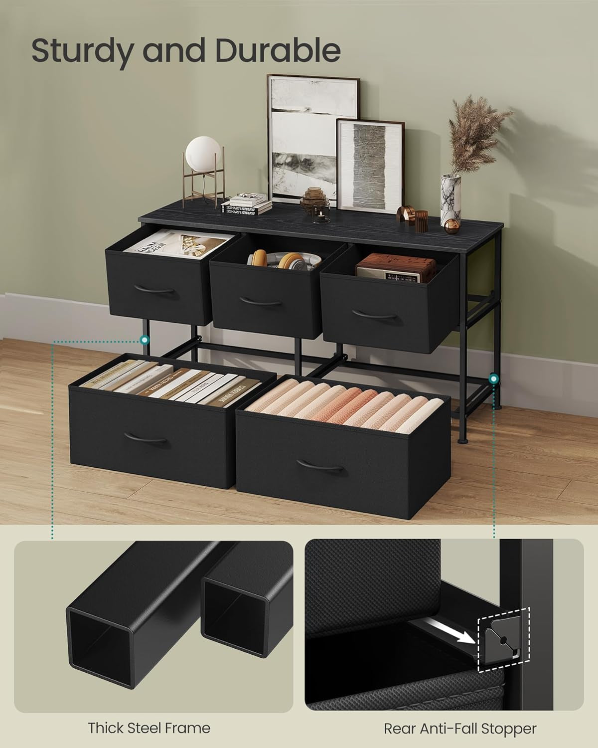 Dresser for Bedroom, Chest of Drawers, TV Stand, Steel, MDF, 5 Non-Woven Fabric Drawers, Storage Organizer Unit, Closet, Entryway, Ink Black and Ebony Black ULGS322B01S