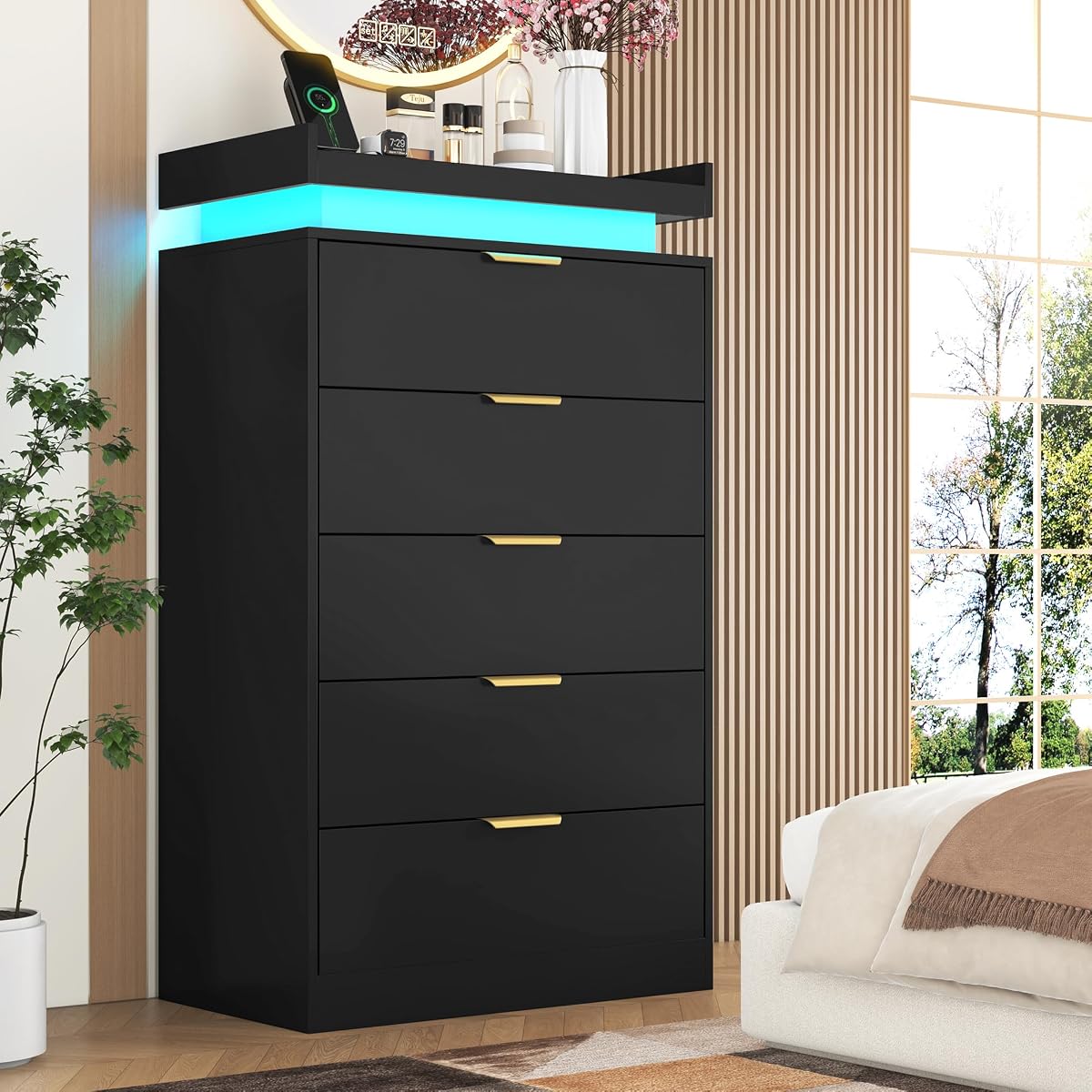 Tall Dresser for Bedroom, Black Dresser with LED Lights