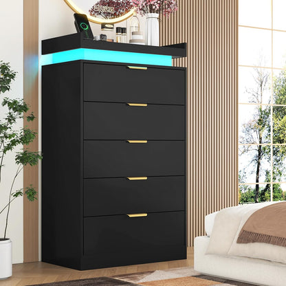 Tall Dresser for Bedroom, Black Dresser with LED Lights
