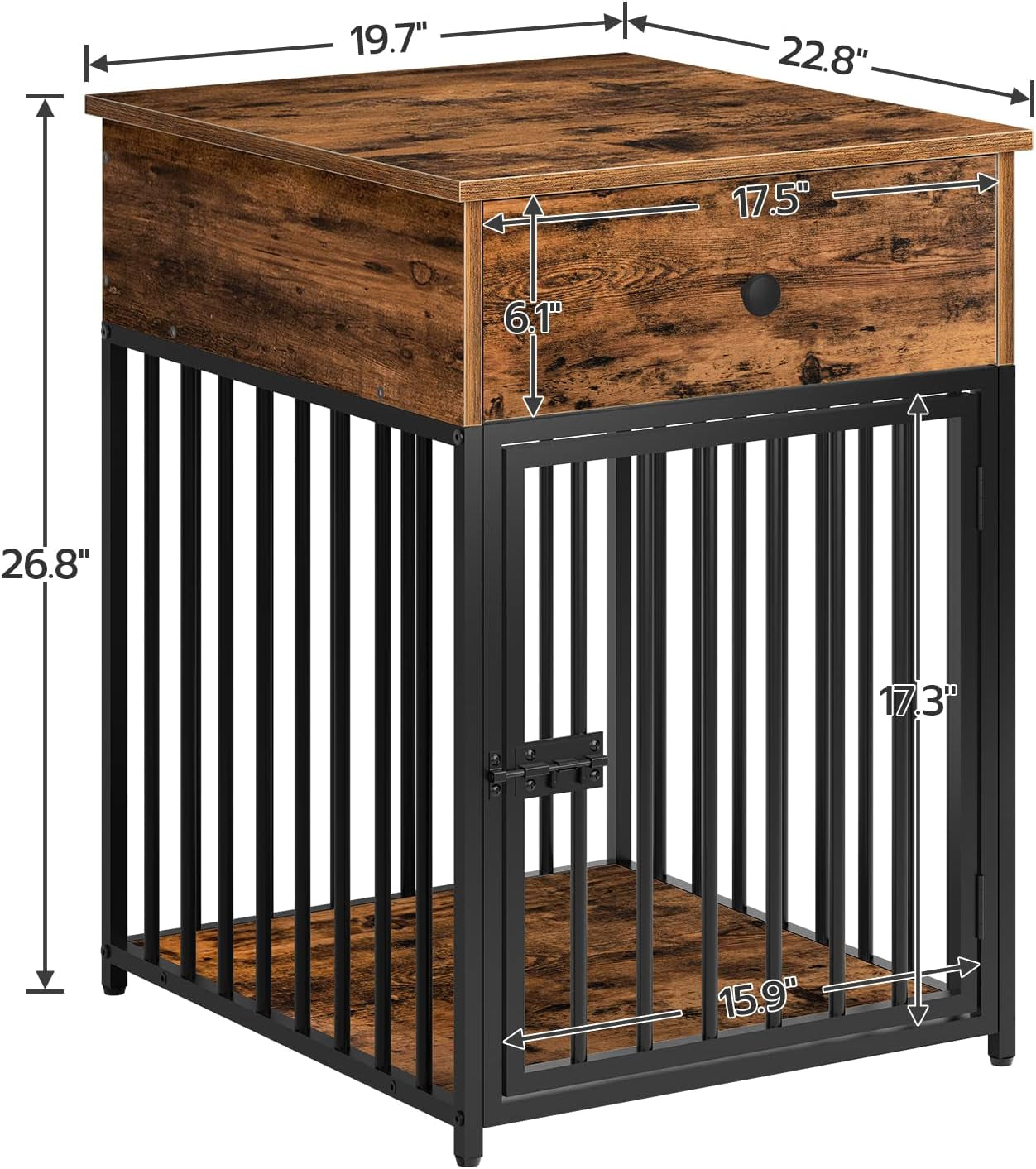 Dog Crate Furniture, Wooden Dog House, Decorative Dog Kennel with Drawer, Indoor Pet Crate End Table for Small Dog, Steel-Tube Puppy Cage, Chew-Proof, Rustic Brown and Black BF01GW03