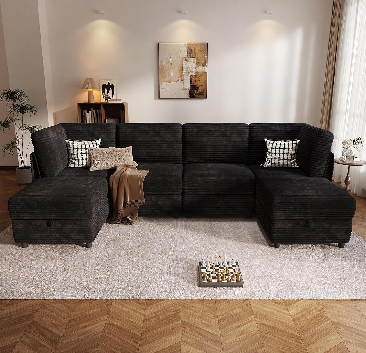 Modular Sectional Sofa U-Shaped 6 Seater Couch with Storage Ottoman, Convertible L-Shaped Plush Wide-Wale Corduroy Couch for Living Room, Apartment, Modern Design, Black
