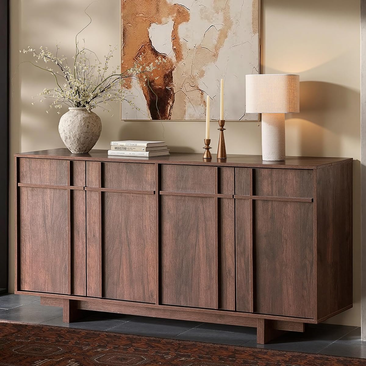 63" Sideboard Buffet Cabinet, Skeleton Lines Design, Walnut