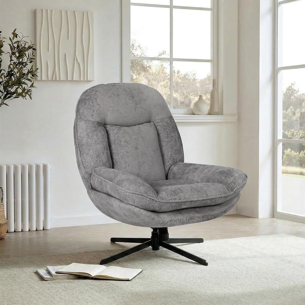 24" High Back Swivel Accent Chair for Living Room, Swivel Tilt Accent Chair, Comfy Reading Chair Oversized, Slightly Rocking Upholstered Armchair, Ergonomic Soft Fabric Modern Chair, Gray