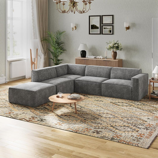 109" Modular Sectional Sofa, No Assembly Cloud Sectional Couch with Smarts Coil® Support, Chenille Fabric L Shape Boneless Couch for Living Room Apartment, Dark Gray(R-Arm 4 Seat w/ 1 Ottoman)