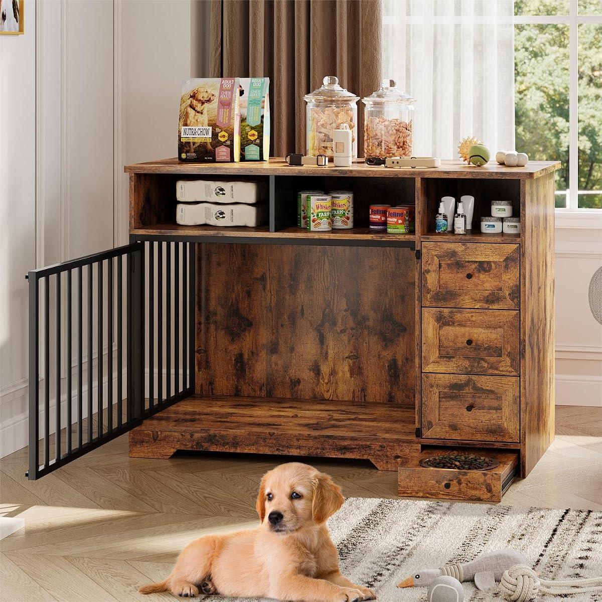 Dog Crate Furniture for Medium Small Dogs with Storage, Brown