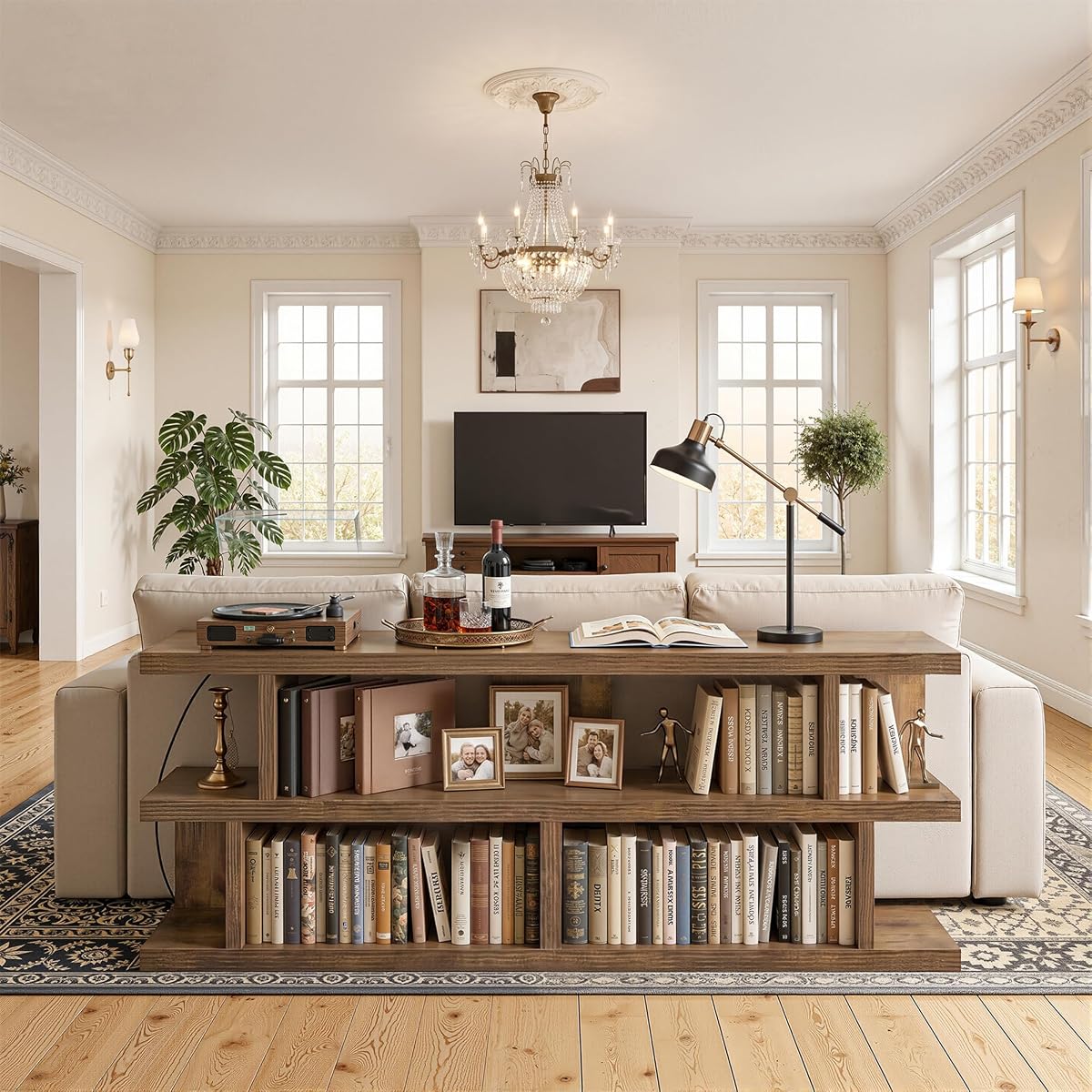 63" Low Bookcase Long Bookshelf, Wide Storage Shelves, Rustic Brown