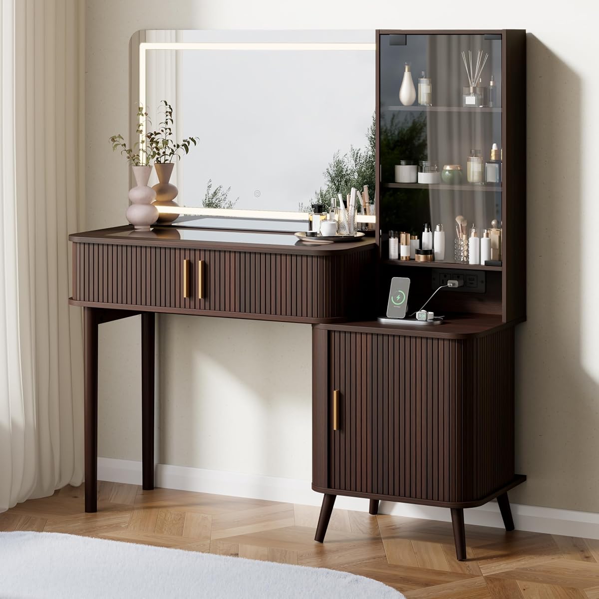51" Fluted Makeup Vanity Desk with 36" Mirror and Lights