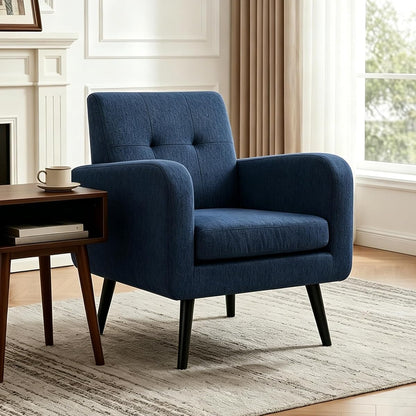 Modern Accent Chairs, Upholstered Fabric Cozy Armchairs, Living Room Side Chair with Solid Wood Legs, Blue
