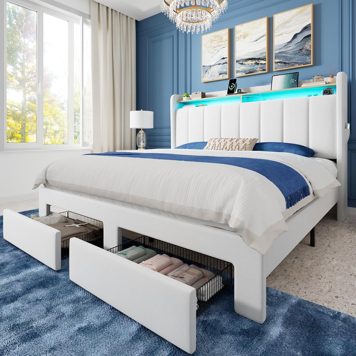 Queen Bed Frame with 2-Tier Storage Headboard & 2 Large Drawers