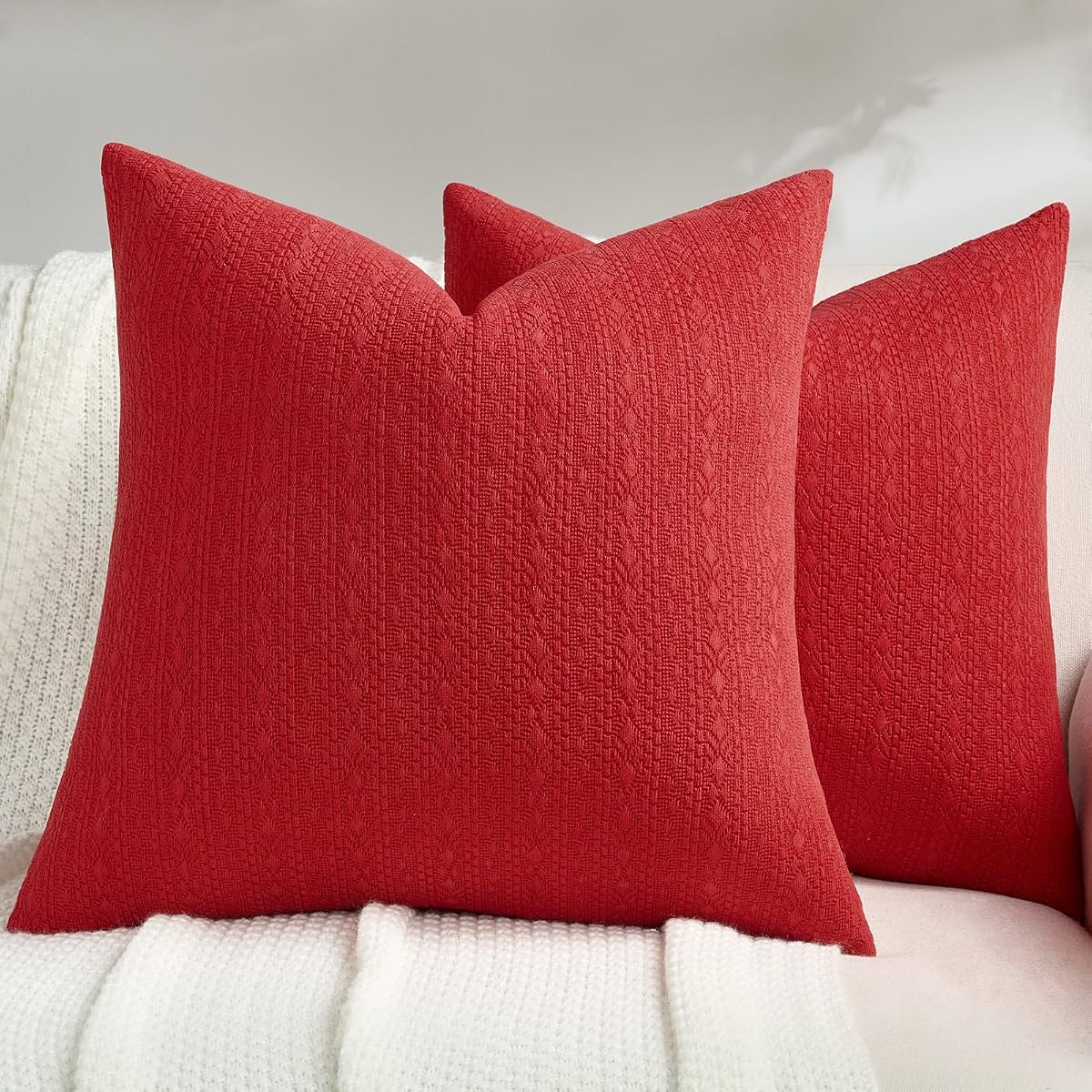 Pack of 2 Solid Chenille Throw Pillow Covers 16x16 Inch Soft Farmhouse Decorative Accent Cushion Cases Modern Home Decor for Couch Living Room, Red