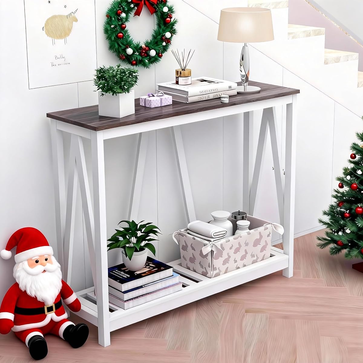 Farmhouse Console Table with Shelf, 39.3" Narrow Entryway Table, Dark Oak | Farmhouse Style Grey Oak Top White V‑Shape Frame Slat Shelf Storage 39.3" Narrow Anti‑Tip Legs sofa table