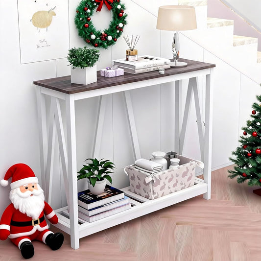 Farmhouse Console Table with Shelf, 39.3" Narrow Entryway Table, Dark Oak | Farmhouse Style Grey Oak Top White V‑Shape Frame Slat Shelf Storage 39.3" Narrow Anti‑Tip Legs sofa table