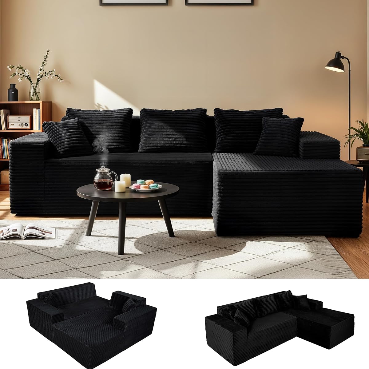 104" Boneless Couch, Cloud Couch Sectional, L-Shape Corduroy Modular Sectional Sofa Deep Seat, Upholstered Couches for Living Room, No Assembly Required, Black, Right Facing Chaise