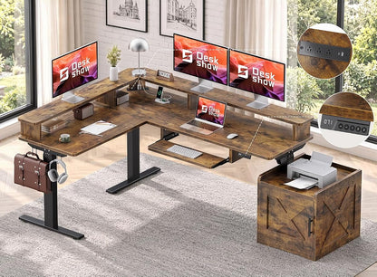 63x55 L-Shaped Standing Desk with Storage Cabinet & Monitor Shelf